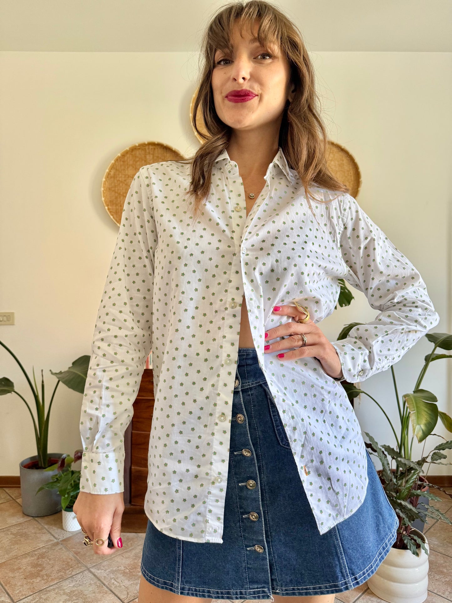 1990’s vintage white woven cotton shirt with green and beige floral design