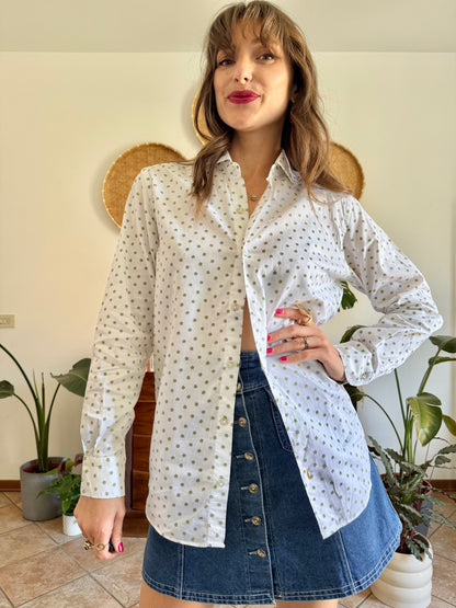 1990’s vintage white woven cotton shirt with green and beige floral design