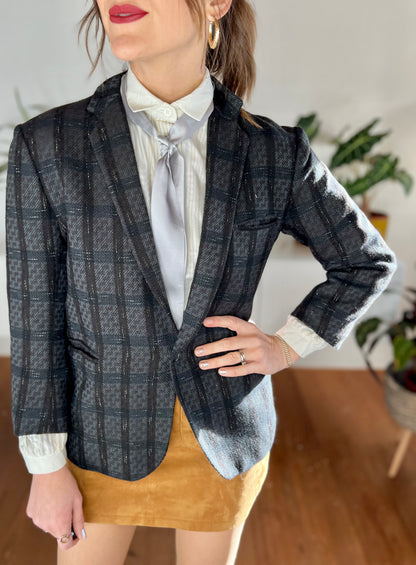 1970's black and blue tailored wool plaid blazer