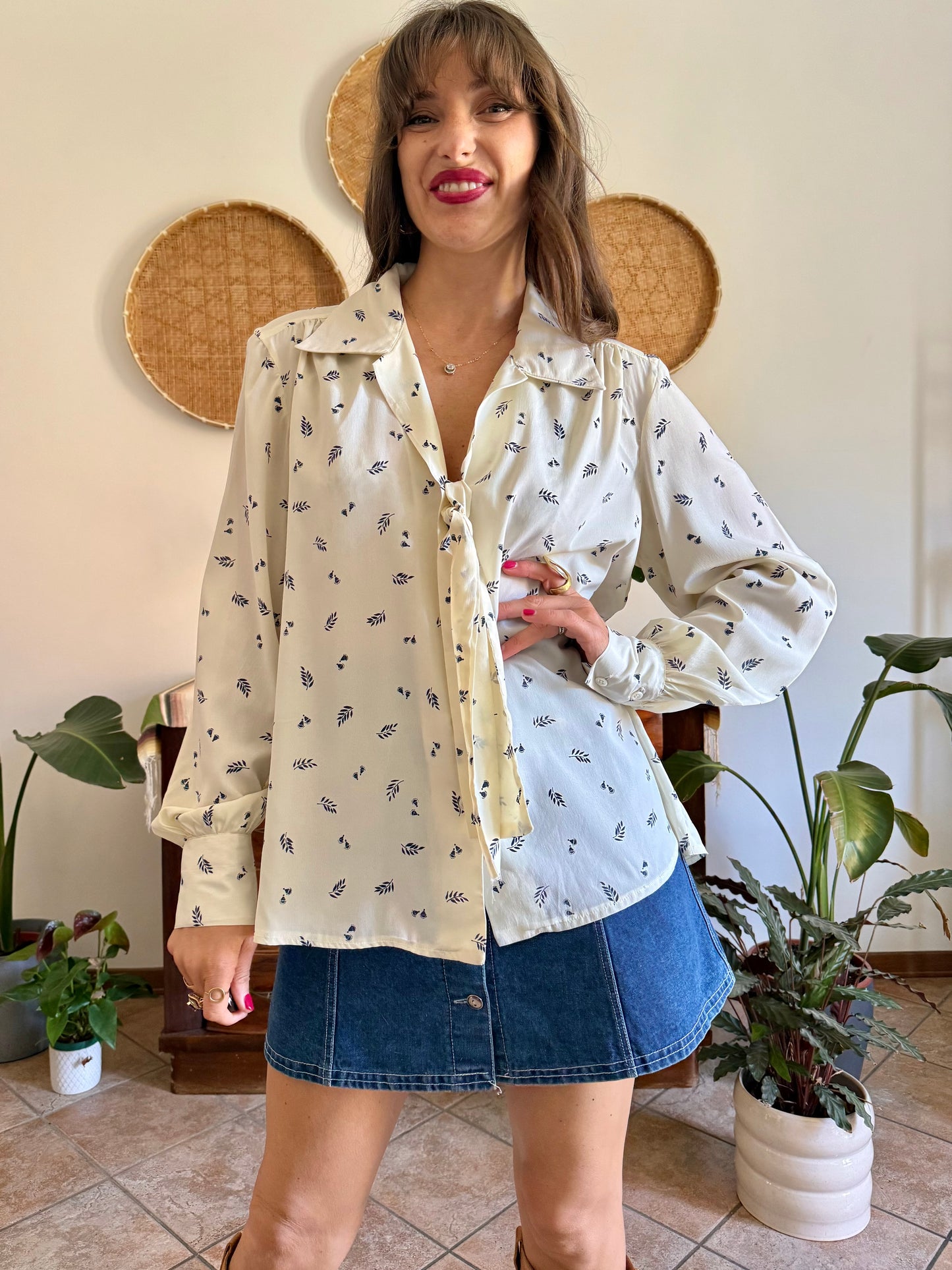 1970’s vintage cream with navy blue floral bow tie silk blouse