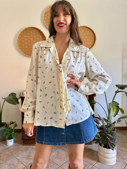 1970’s vintage cream with navy blue floral bow tie silk blouse