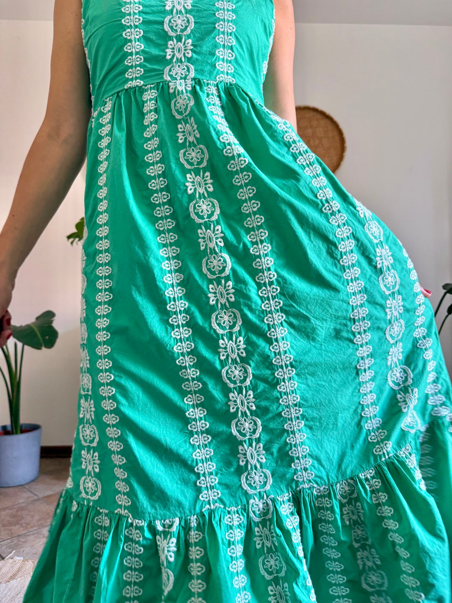 Y2K vintage green prairie maxi dress with white floral embroidery