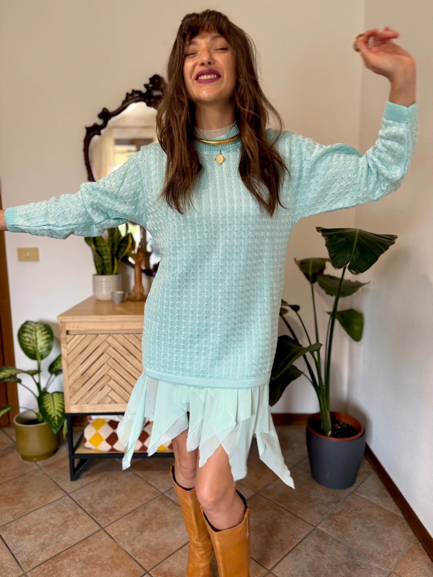 Y2k vintage light turquoise and silver wool blend  cable knit pullover