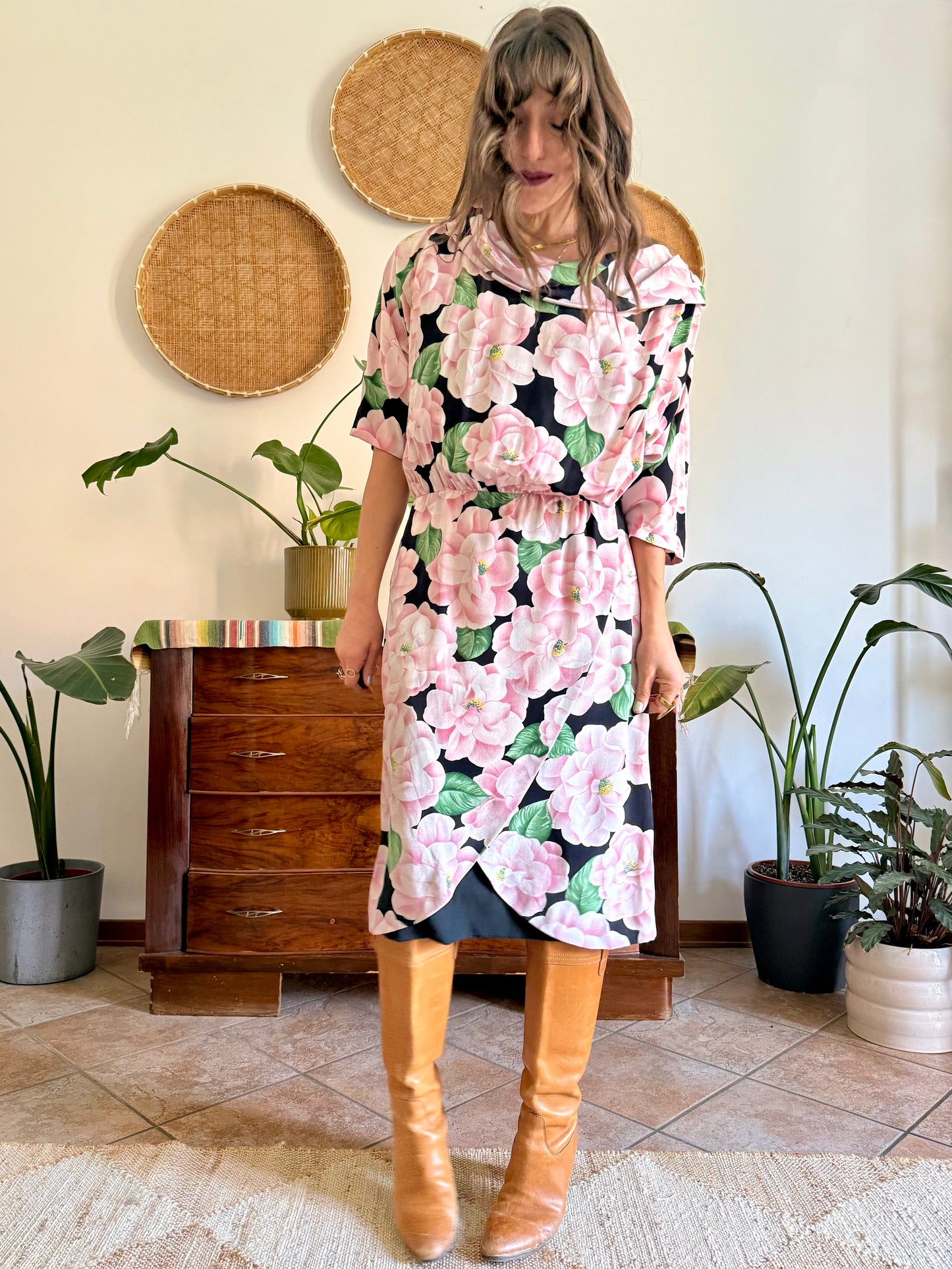 1960’s vintage pink, green and black silk floral print dress
