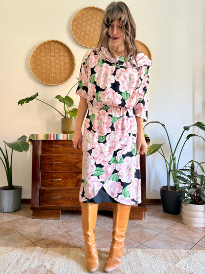 1960’s vintage pink, green and black silk floral print dress