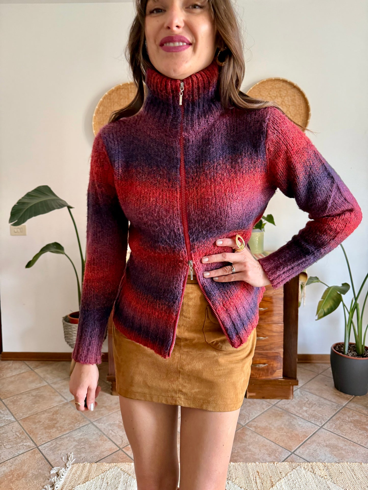 1990’s vintage purple and fucsia double zip mock neck wool cardigan
