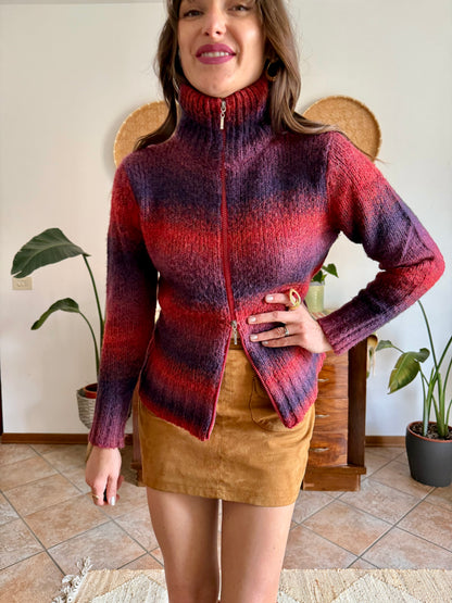 1990’s vintage purple and fucsia double zip mock neck wool cardigan