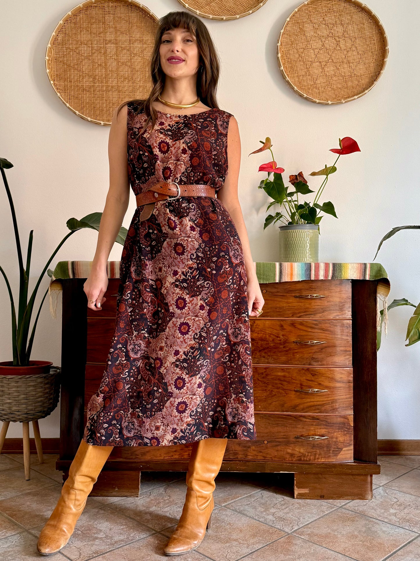 1990’s vintage burgundy, pink and orange floral paisley print maxi dress