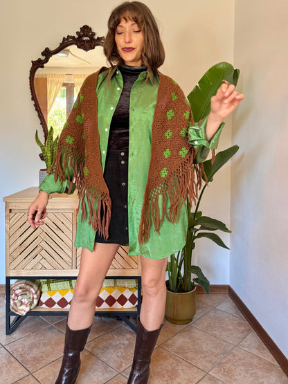 1970’s vintage chocolate brown and green knit shawl with fringe trim