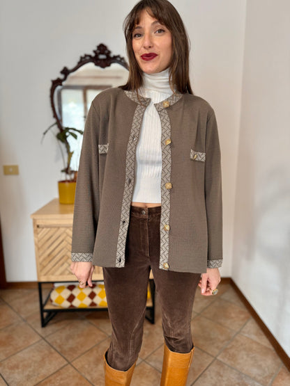 1980's vintage khaki wool cardigan with cream geometric knit pattern and square brass buttons