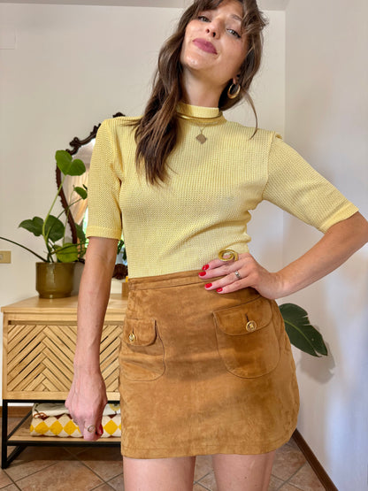 1970's vintage butter yellow knit mock neck top with zip detail