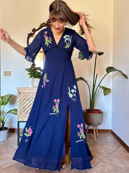 Y2k vintage navy blue belle sleeve maxi dress with floral embroidery