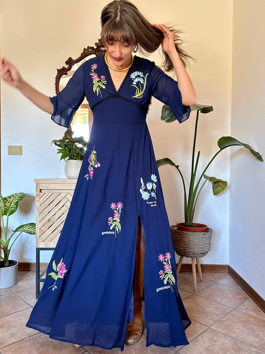 Y2k vintage navy blue belle sleeve maxi dress with floral embroidery