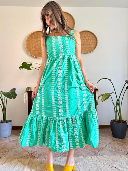 Y2K vintage green prairie maxi dress with white floral embroidery