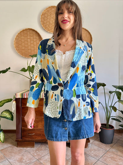 1990’s vintage blue, green and orange abstract print linen jacket