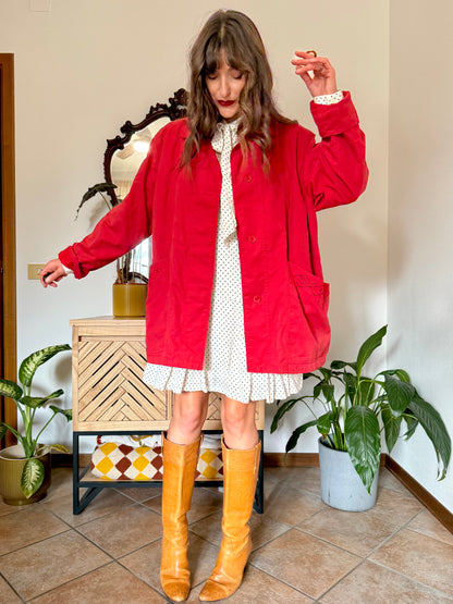 1990’s vintage cherry red chore coat with diamond embroidered detailing