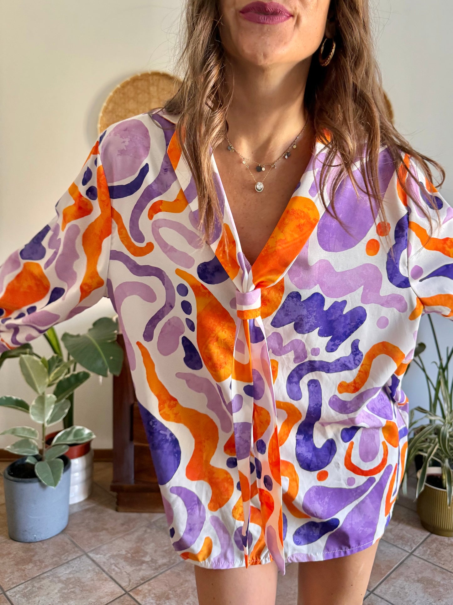 1970's vintage purple, orange and cream abstract print tie neck blouse