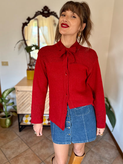 1960’s vintage cherry red hand knit wool cardigan with bow detail