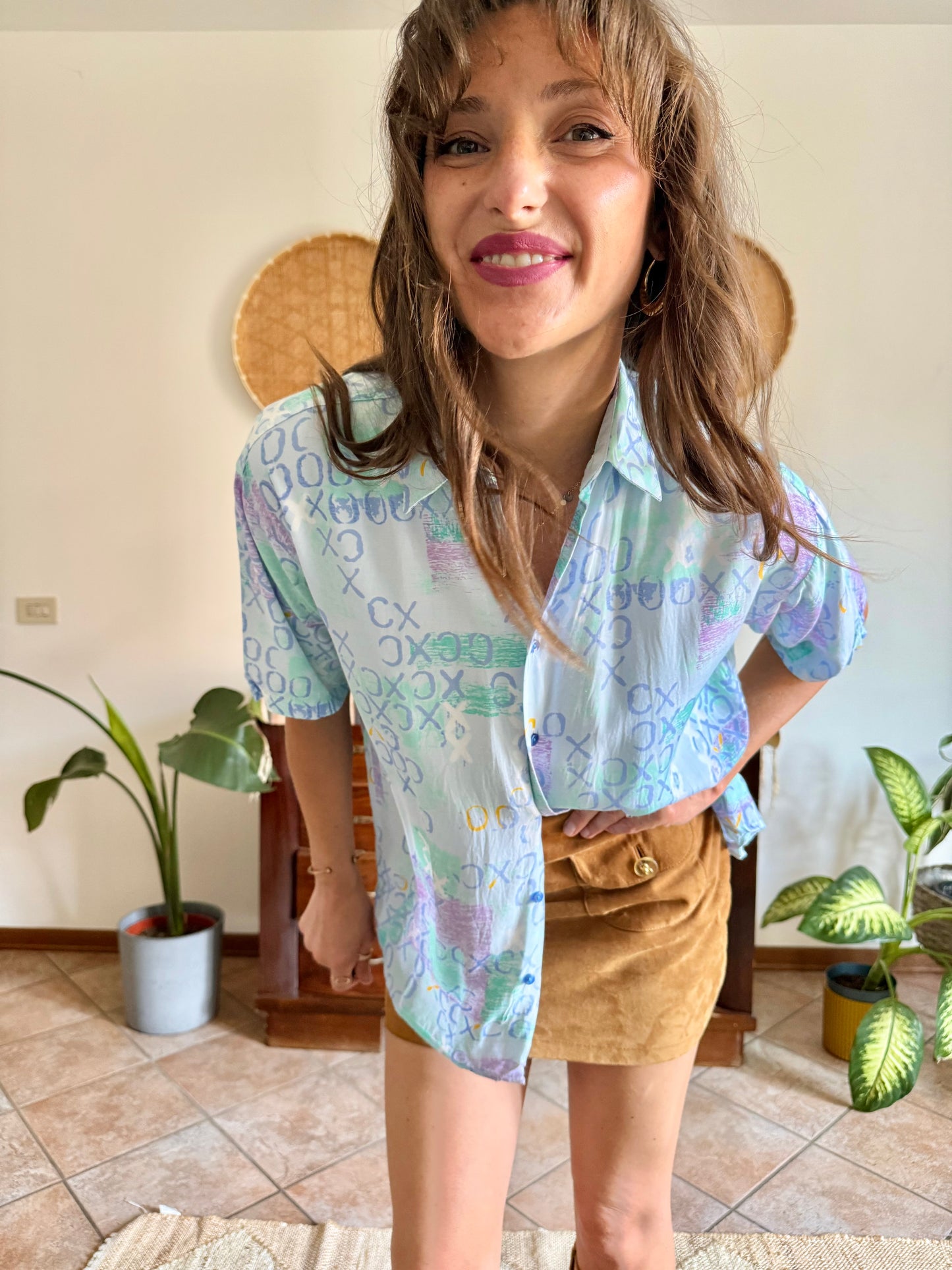 1990’s vintage lilac, turquoise and light blue geometric print blouse