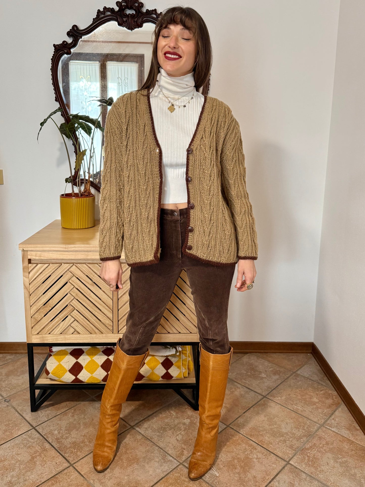 1970’s vintage tan hand knit wool cardigan with chocolate brown stitch trimming