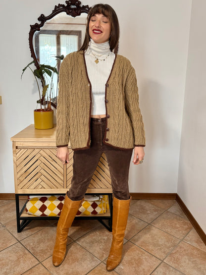 1970’s vintage tan hand knit wool cardigan with chocolate brown stitch trimming