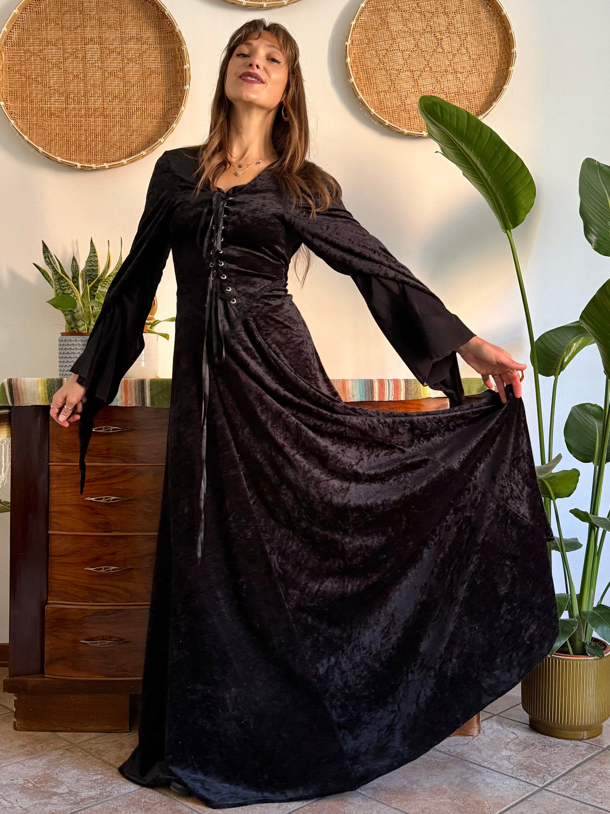 1990’s vintage black lace up bodice gothic velvet maxi dress with bell sleeves