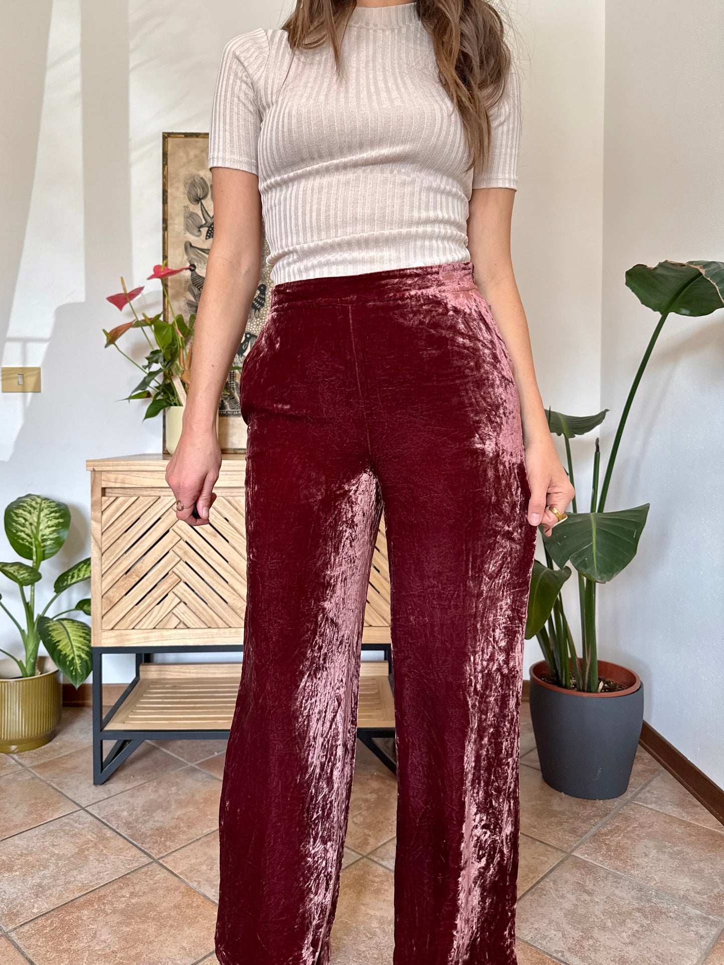 Burgundy crushed velvet wide leg trousers