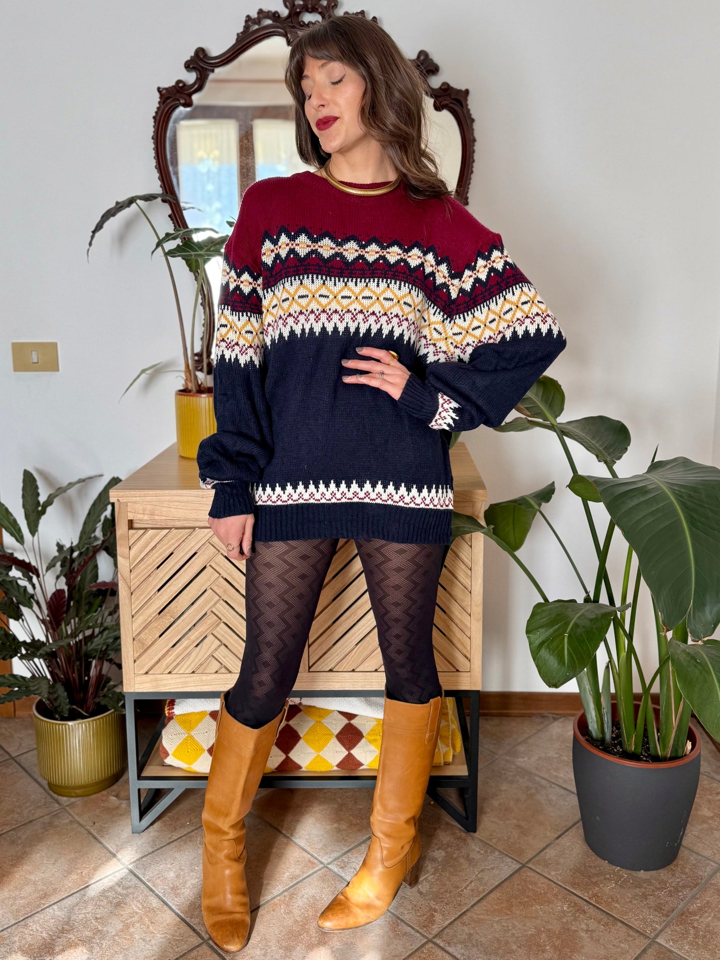 1980's vintage burgundy, navy and mustard yellow knit pullover dress