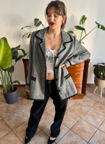 1990's vintage grey tweed oversize blazer with black trim