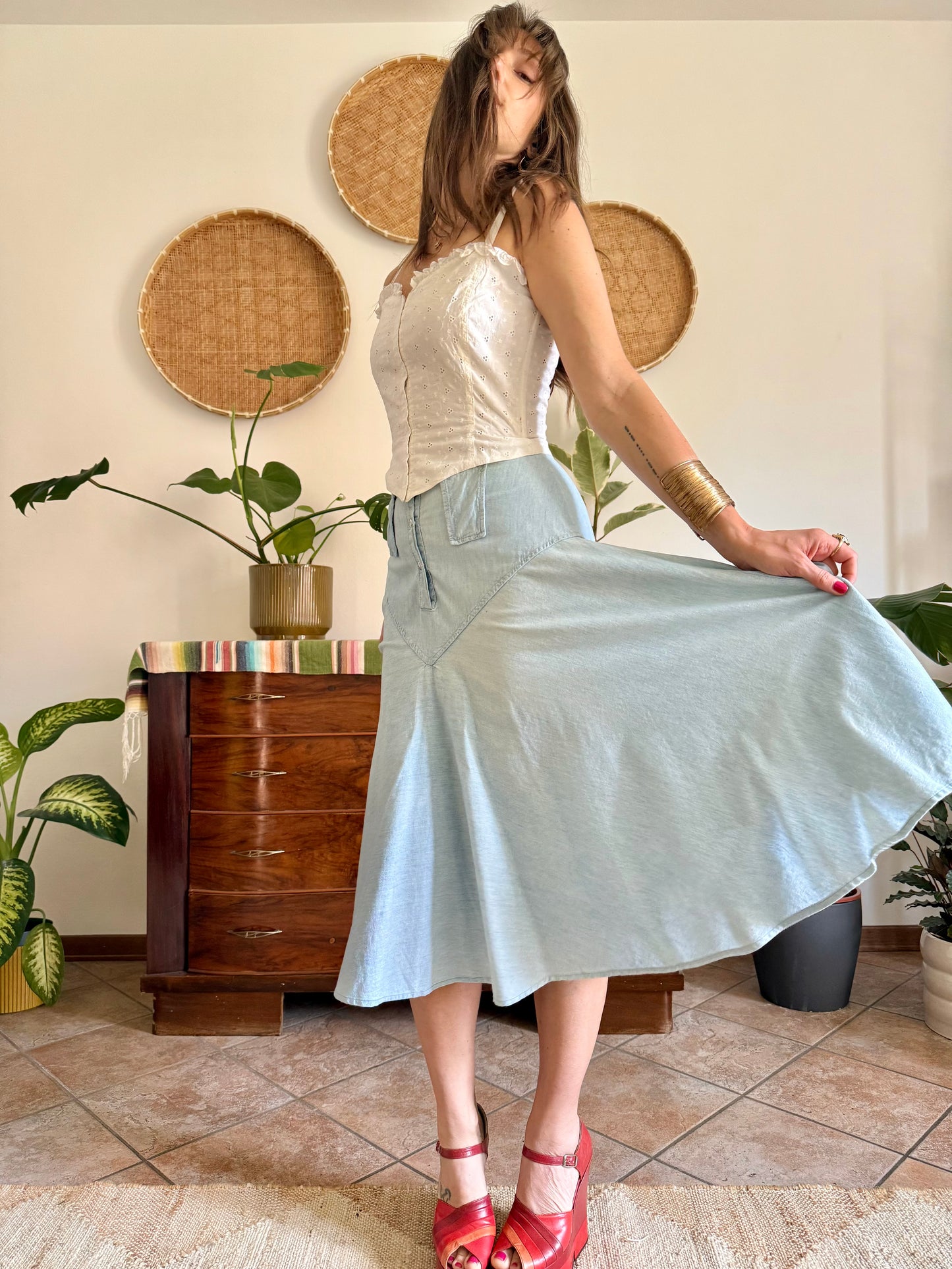 1970’s vintage light wash denim midi skirt