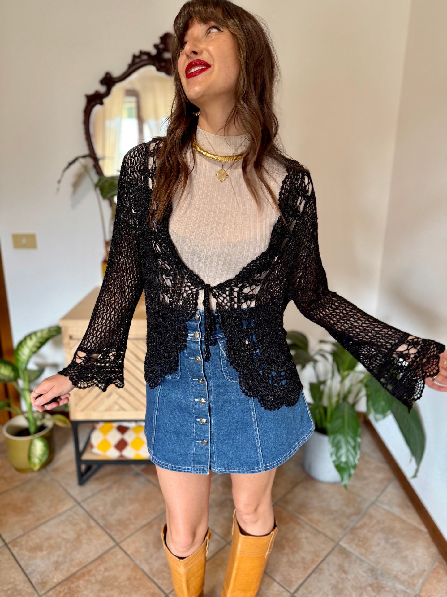 Y2k vintage black bell sleeve crocheted cardigan with silver thread accents