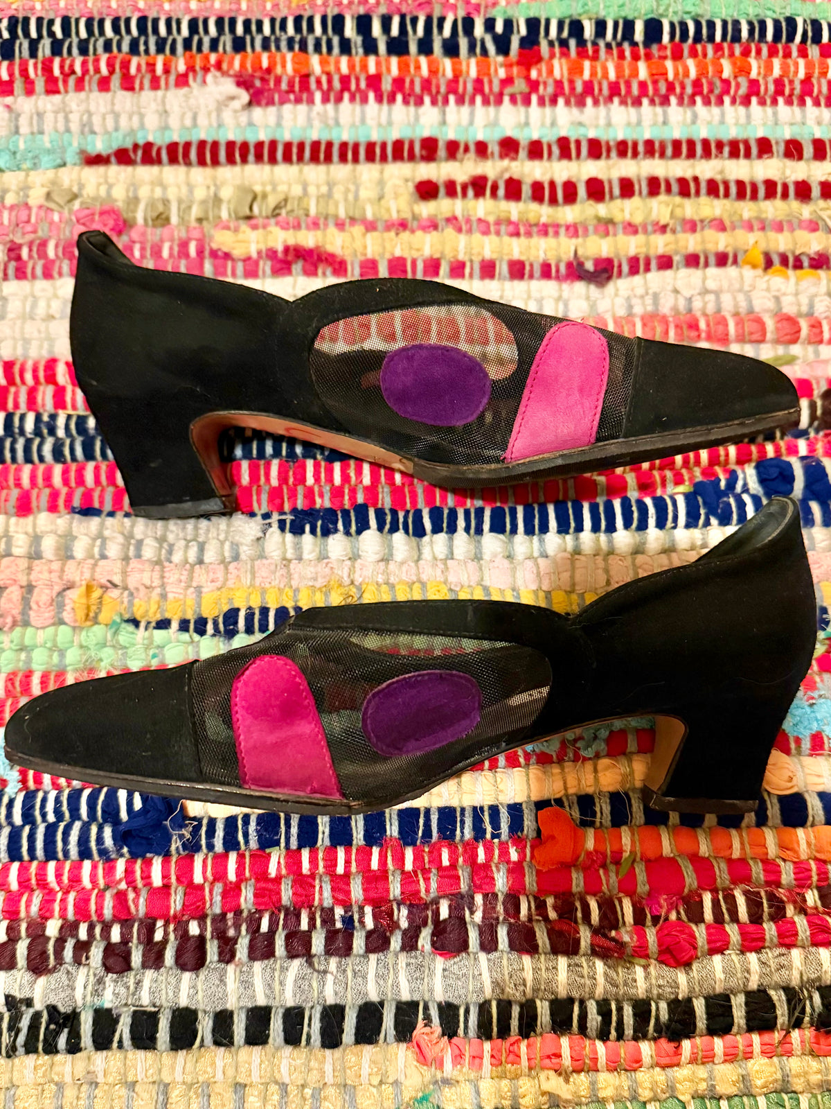 1960’s vintage black suede and mesh heels with polkadot detailing
