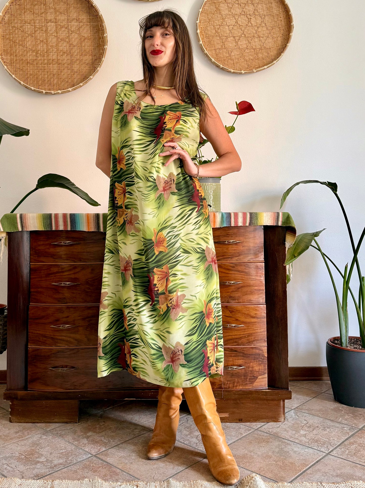 1990's vintage green and burgundy safari print maxi dress