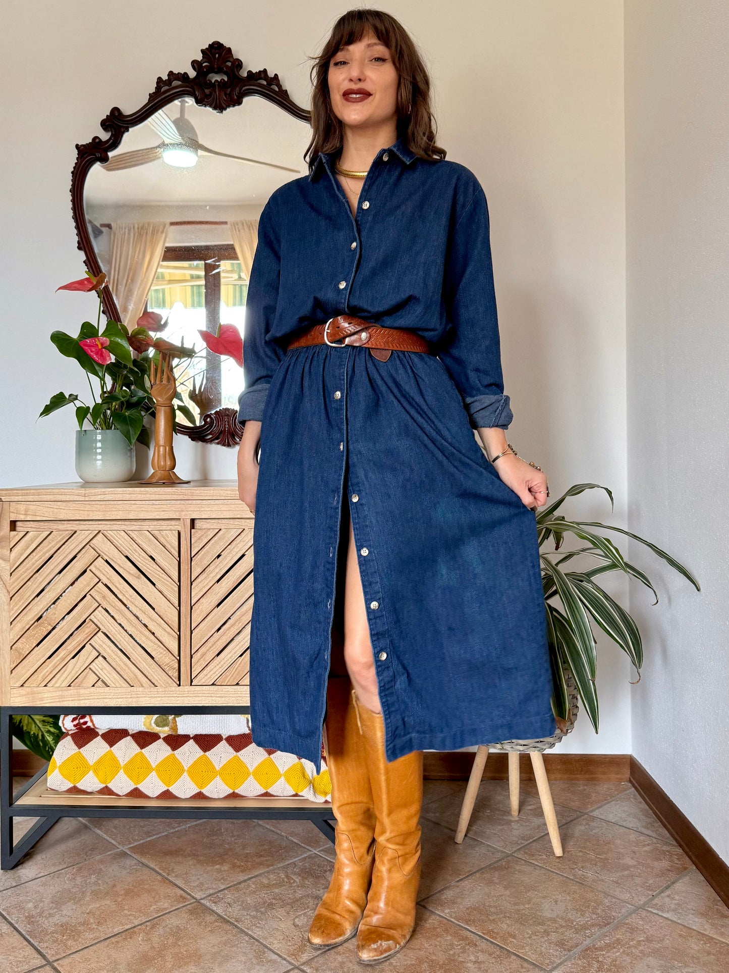 1970's vintage dark blue denim maxi dress