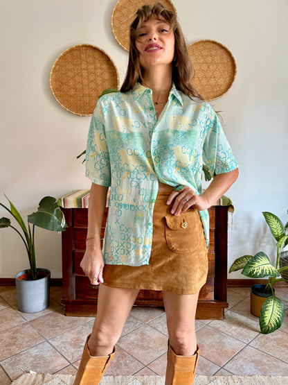 1990’s vintage yellow, teal and turquoise geometric print top