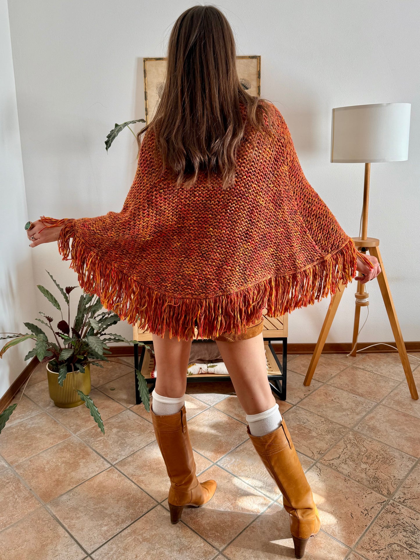 1970's vintage yellow and burgundy knit poncho with fringe details