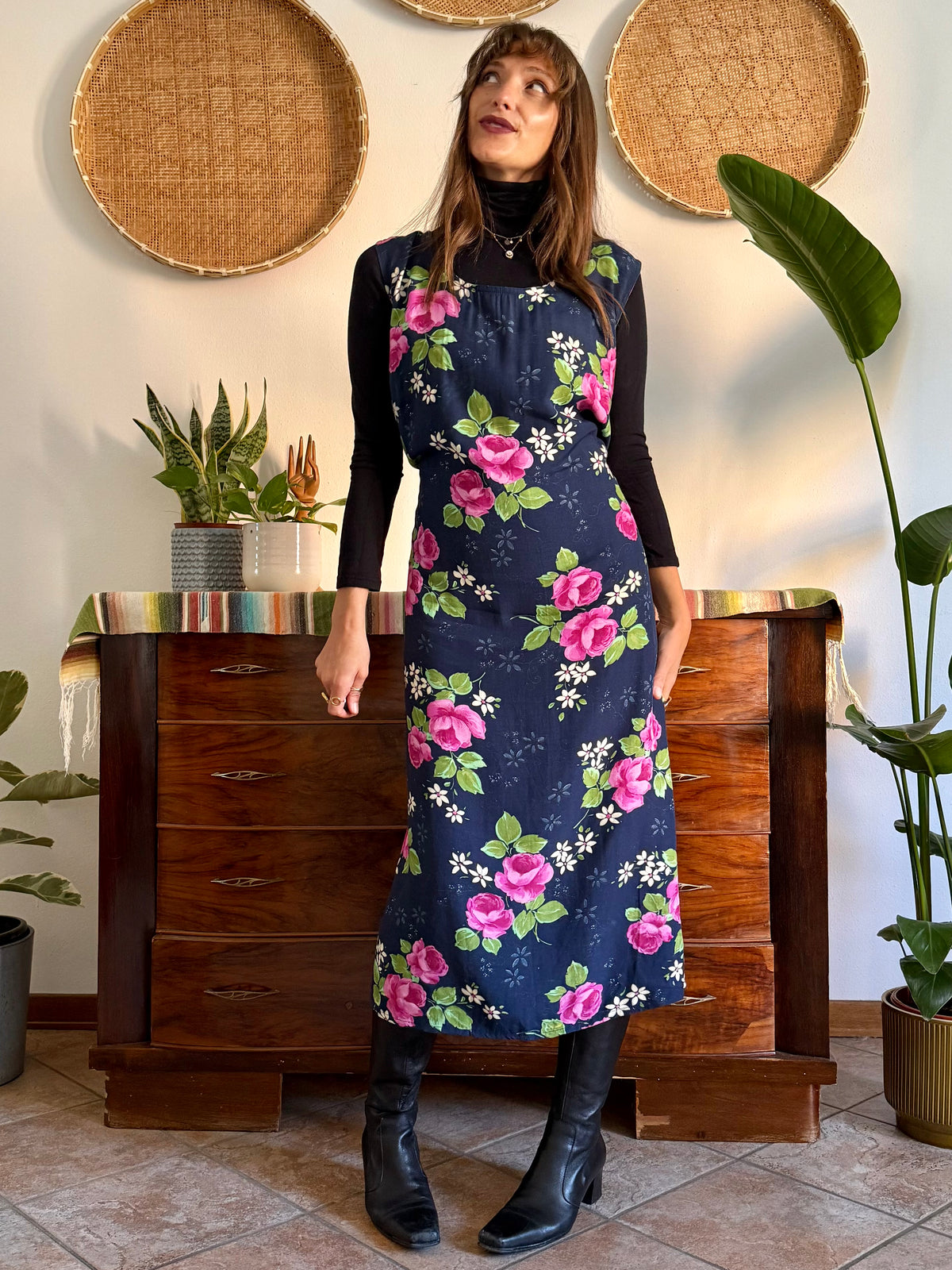 1990’s vintage navy blue and pink floral maxi dress