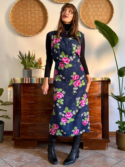 1990’s vintage navy blue and pink floral maxi dress