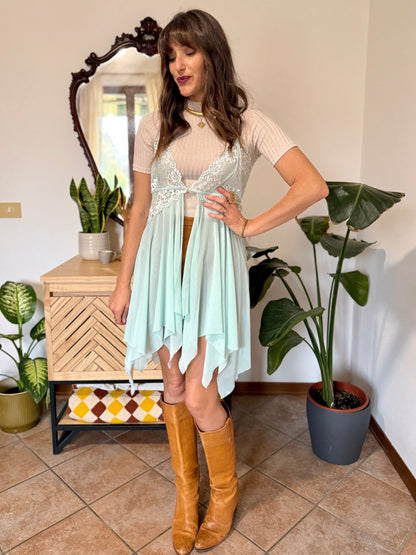 Y2K vintage asymmetrical light turquoise and lace slip