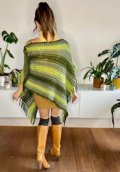 1970's vintage wool multitonal green stripe knit poncho with fringe details