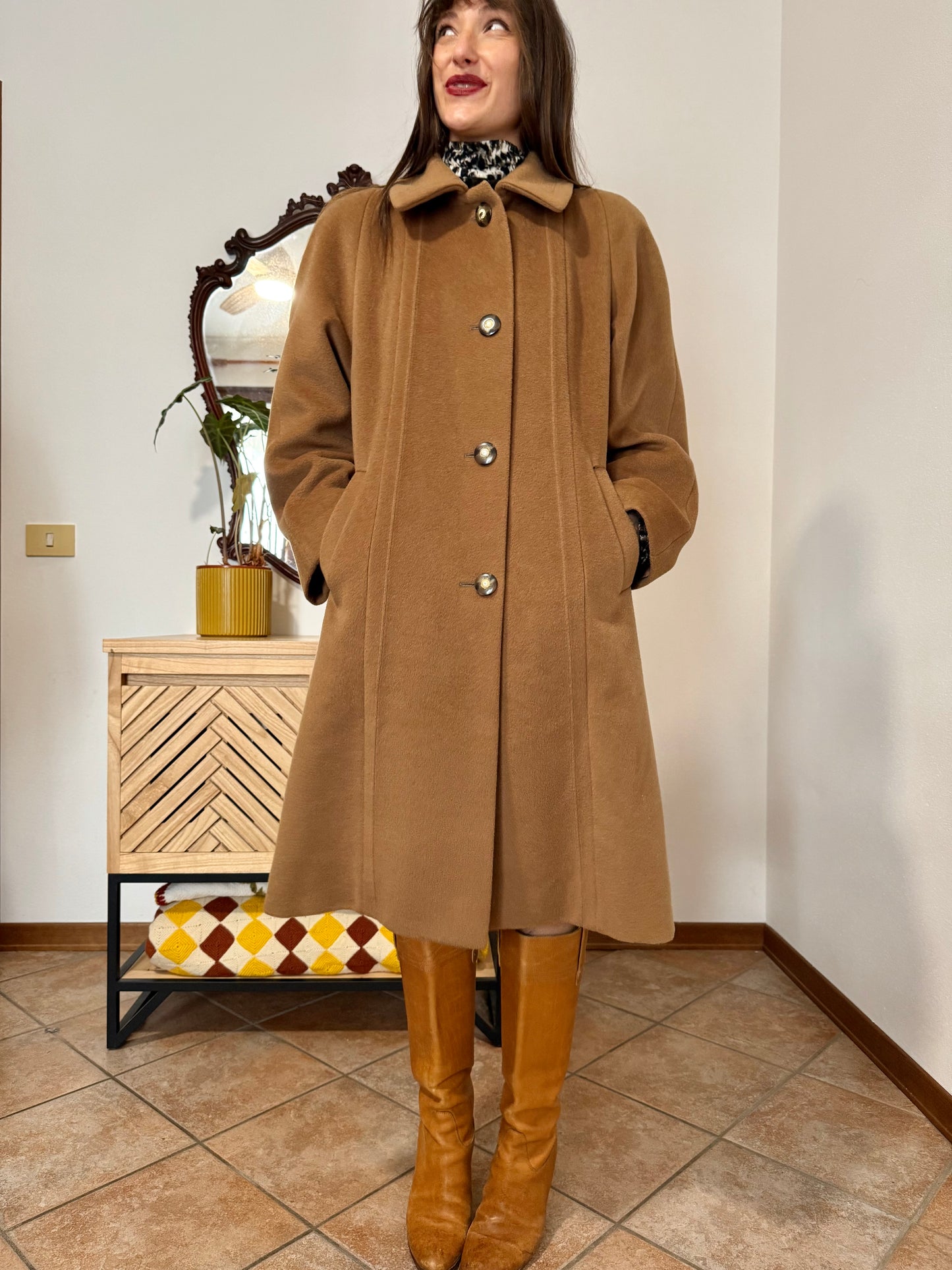 1970’s vintage tan wool overcoat with oversize button details