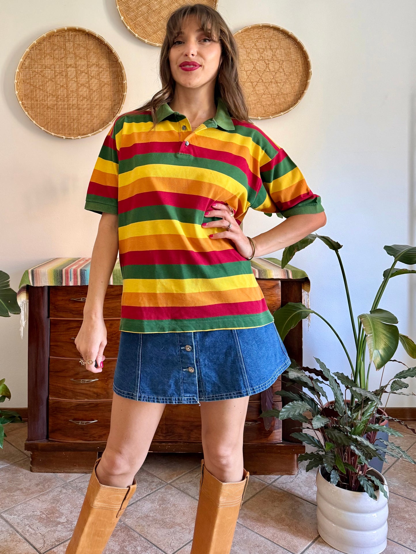 1990’s vintage red, yellow and green stripe polo