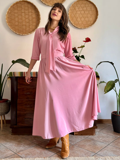 1970’s vintage pink maxi dress with bow tie collar