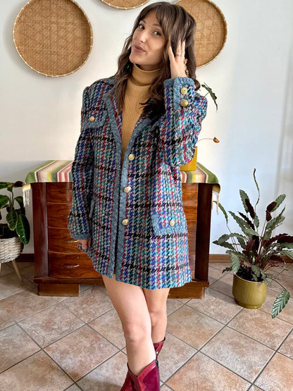 1970's vintage oversize wool blue, turquoise, and grey houndstooth plaid coat