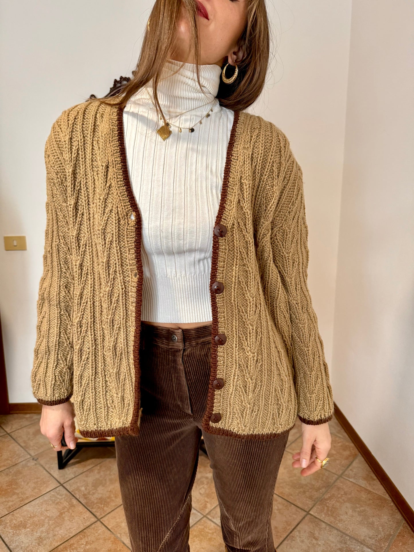 1970’s vintage tan hand knit wool cardigan with chocolate brown stitch trimming
