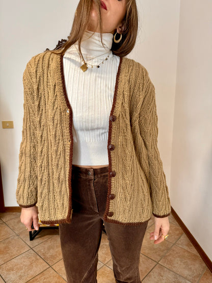 1970’s vintage tan hand knit wool cardigan with chocolate brown stitch trimming