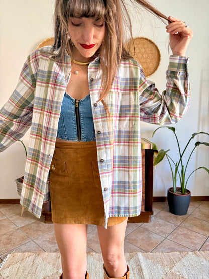 1970's vintage red, green and cream textured western style plaid button down shirt