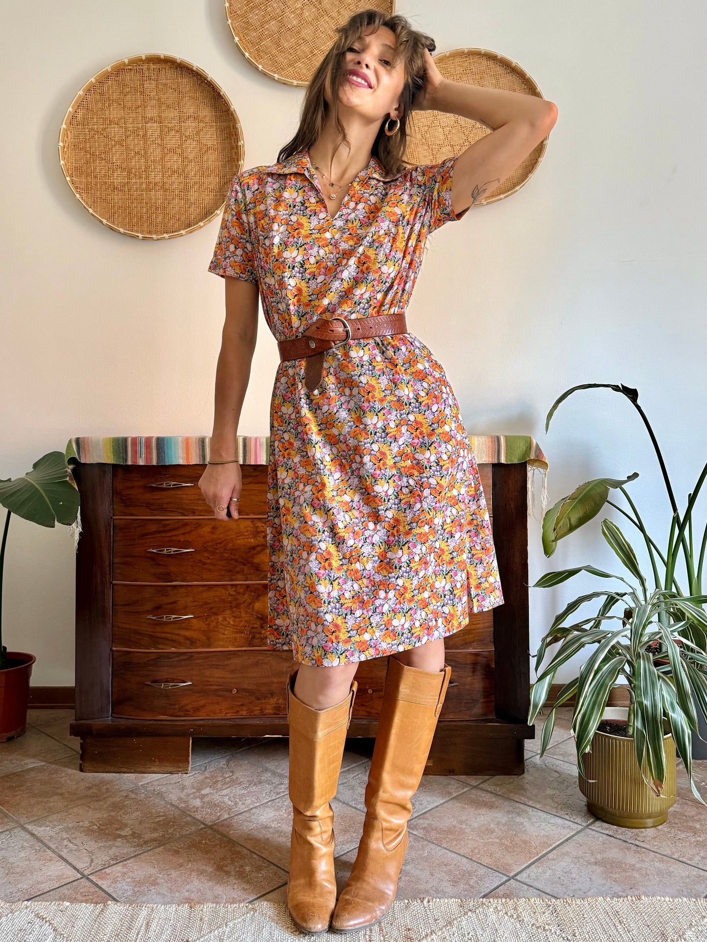 1960’s vintage multicolor pastel micro floral print midi dress