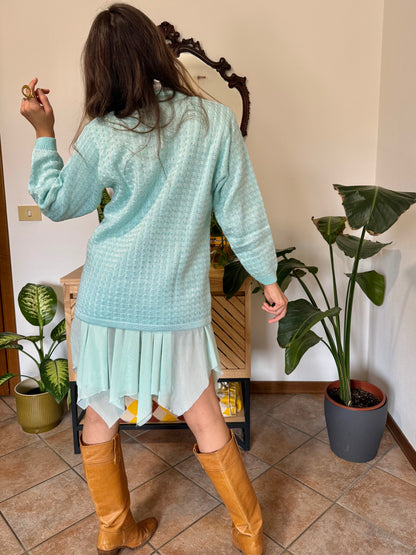 Y2k vintage light turquoise and silver wool blend  cable knit pullover