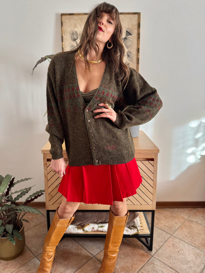 1990’s vintage green, red and khaki geometric knit wool and alpaca blend cardigan
